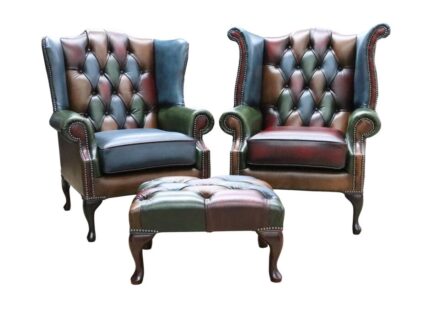 Pair Of Patchwork Chesterfield Queen an Chairs With Foot Stool
