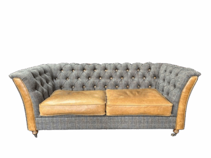 Chesterfield Harris Tweed and Tan Leather Sofa