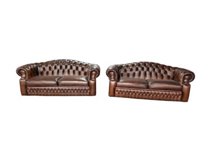 Used Brown 2+2 Seater High Back Leather Chesterfield Sofa Set