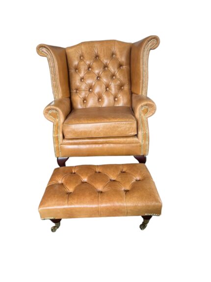 Used Tan Leather Chesterfield Wingback Chair With Matching Foot Stool