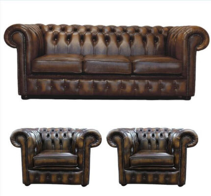 Antique Gold Chesterfield Leather 3 Seater + 2 Club Chairs