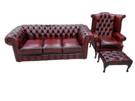 Oxblood Leather Chesterfield 3 Seater + Wingback Chair + Foot Stool