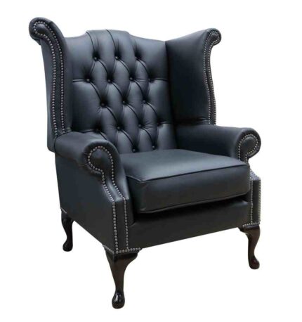Chesterfield Black Leather Wing Chair