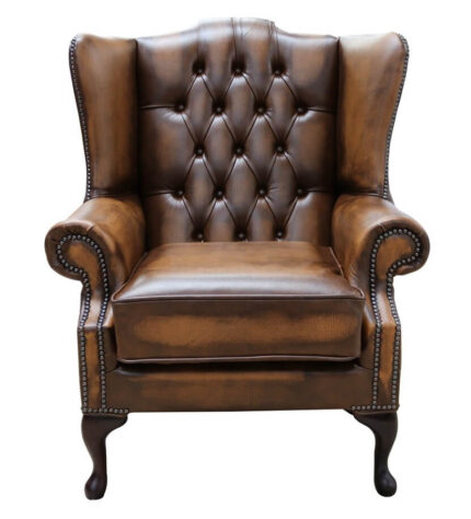Chesterfield Bloomsbury Flat Wing Queen Anne High Back Wing Chair Antique Tan Leather