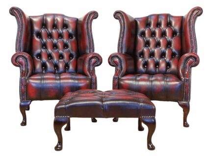 Chesterfield Queen Anne Wing Chairs + Footstool Antique Oxblood Red Leather