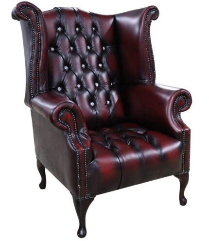 Chesterfield Crystal Diamante Queen Anne High Back Wing Chair Oxblood Leather