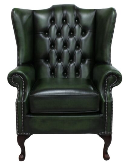 Chesterfield  Wing Queen Anne High Back Antique Green Leather Chair