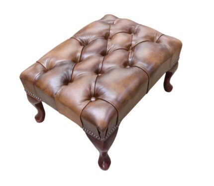 Antique Tan Real Leather Chesterfield Queen Anne Footstool